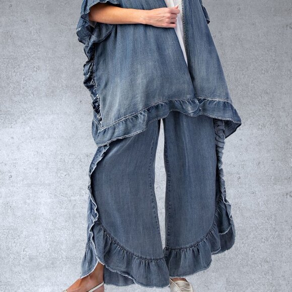 EASEL RESTOCKED! Raw Ruffle Trim Pants Elastic & Drawstring Waist & Scooped Hem - Picture 13 of 15